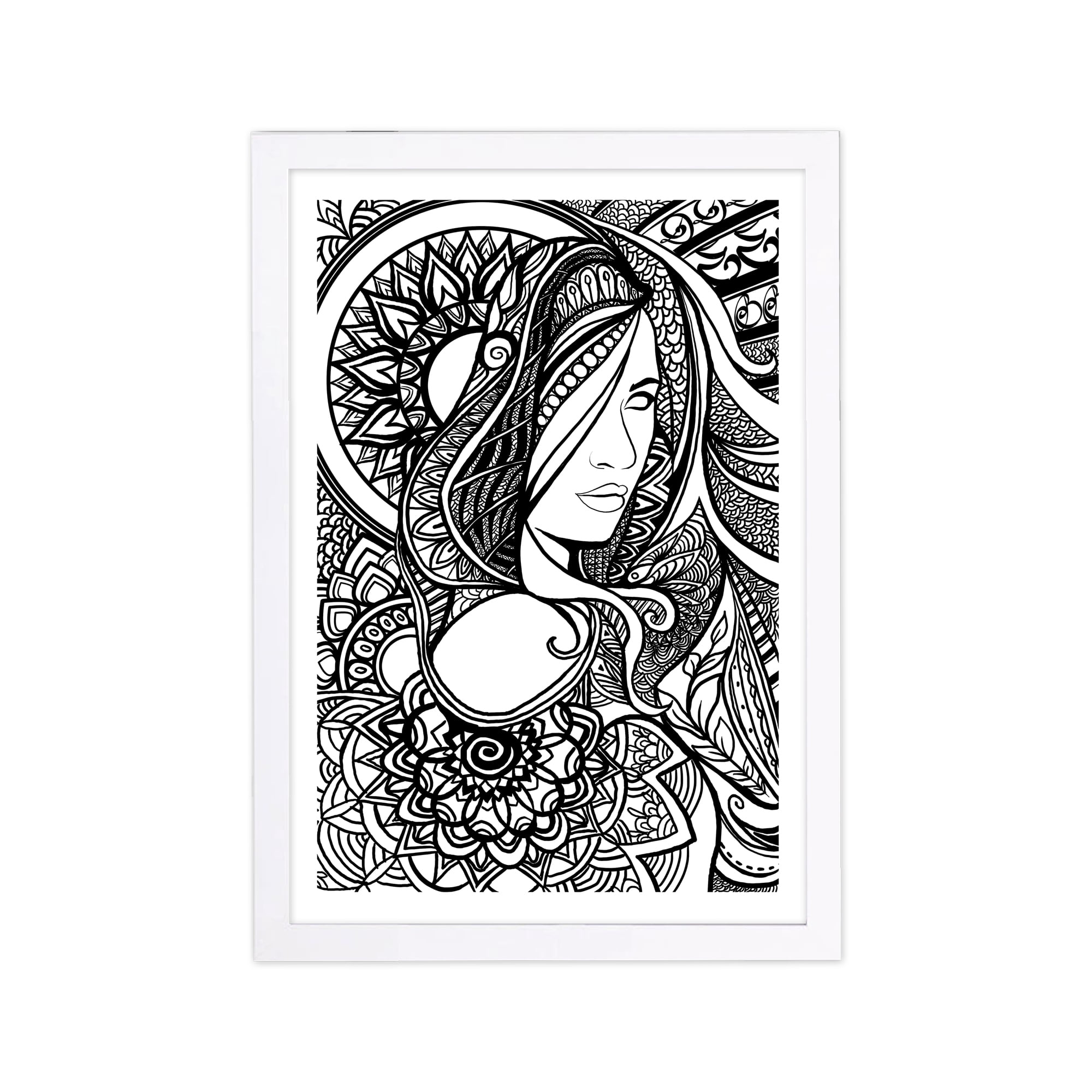 Wynwood Studio People and Portraits Framed Wall Art Prints 'Lady Mandala Clear' Portraits Home Décor - Black, White, 13" x 19"
