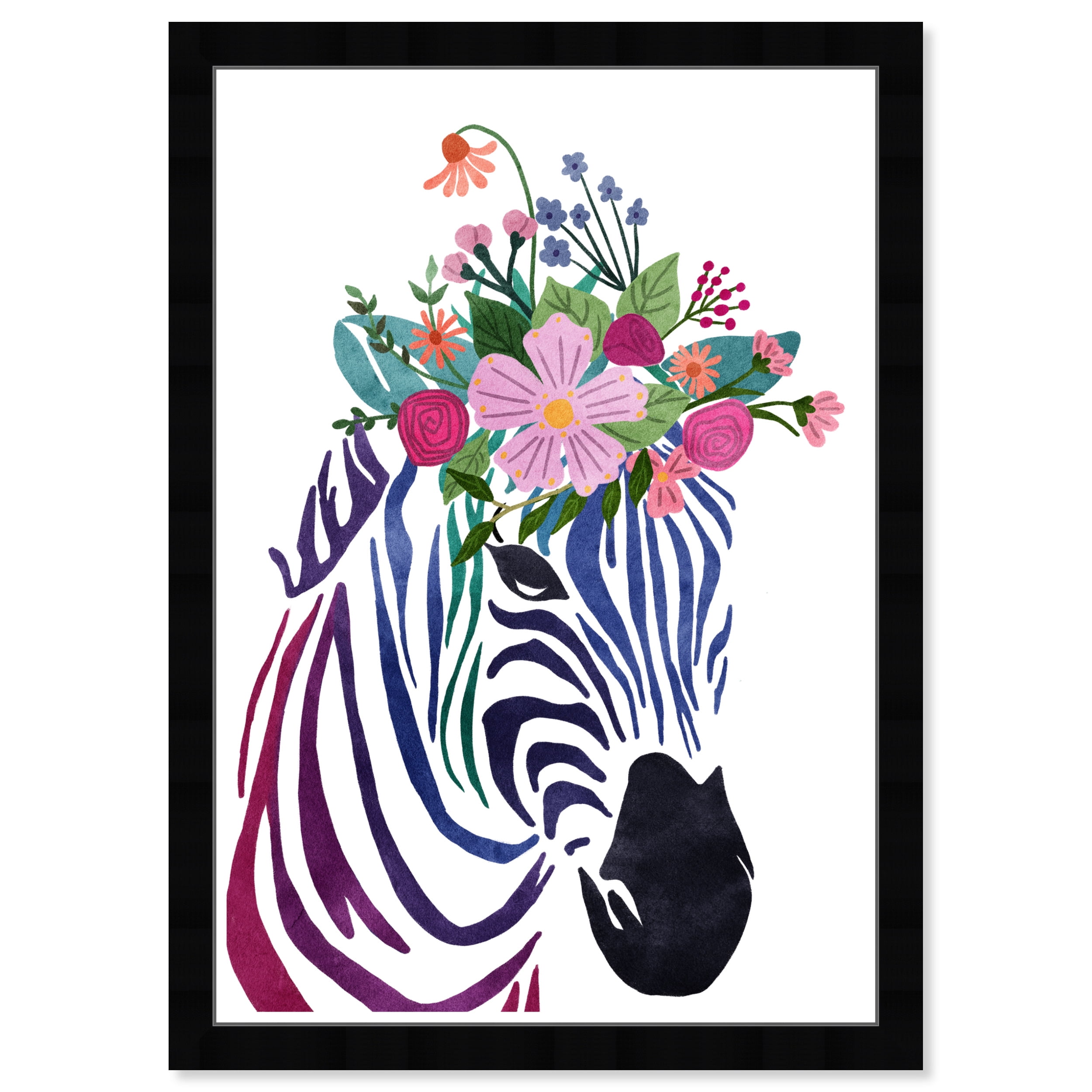 Floral Zebra Print on Canvas with Black Frame, 21x15