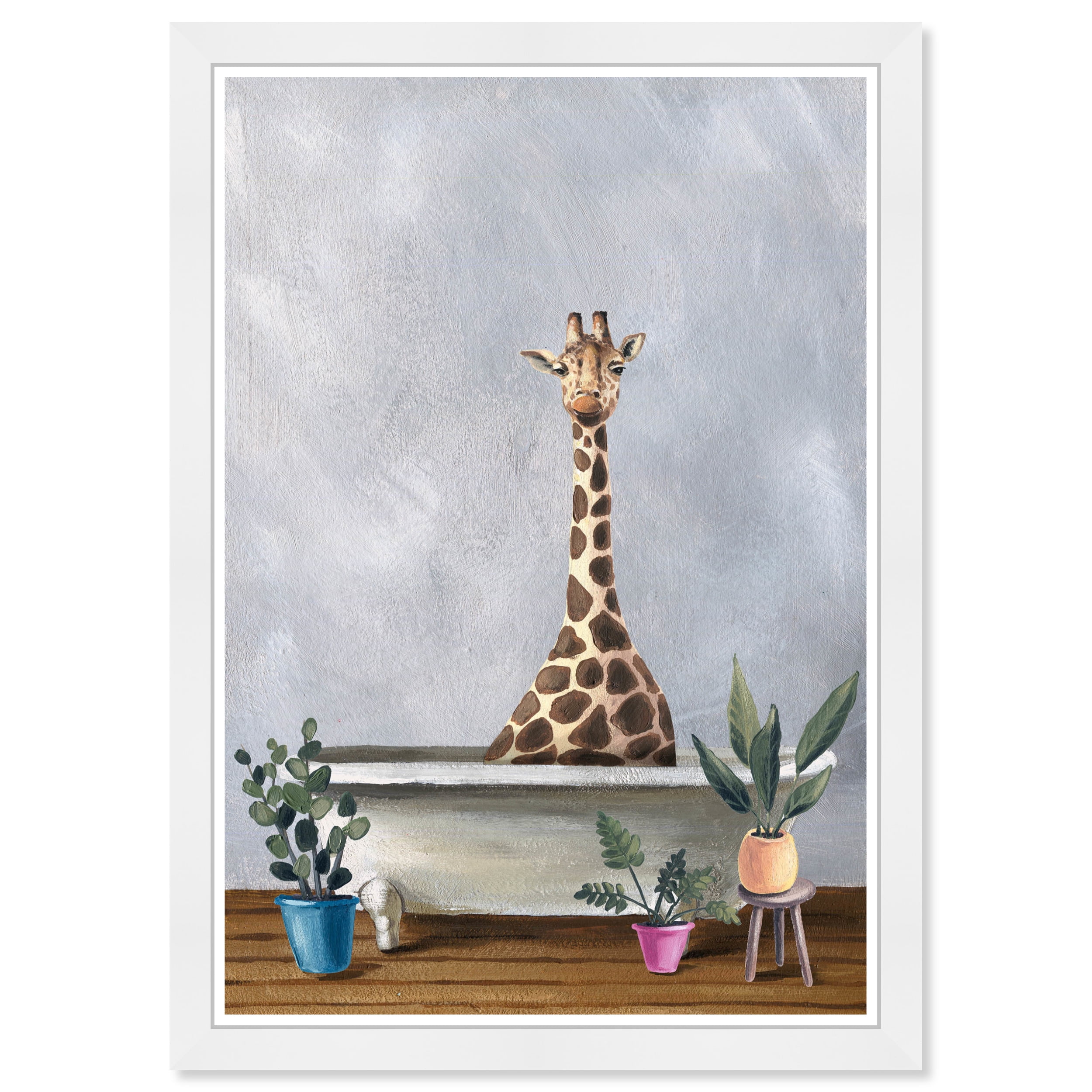 Giraffe Bath Original Artwork on Canvas with White Frame