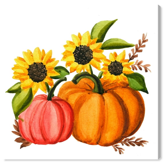 Wynwood Studio Prints Pumpkins and Flowers Floral and Botanical Florals Wall Art Canvas Print Orange Pastel Orange 30x30