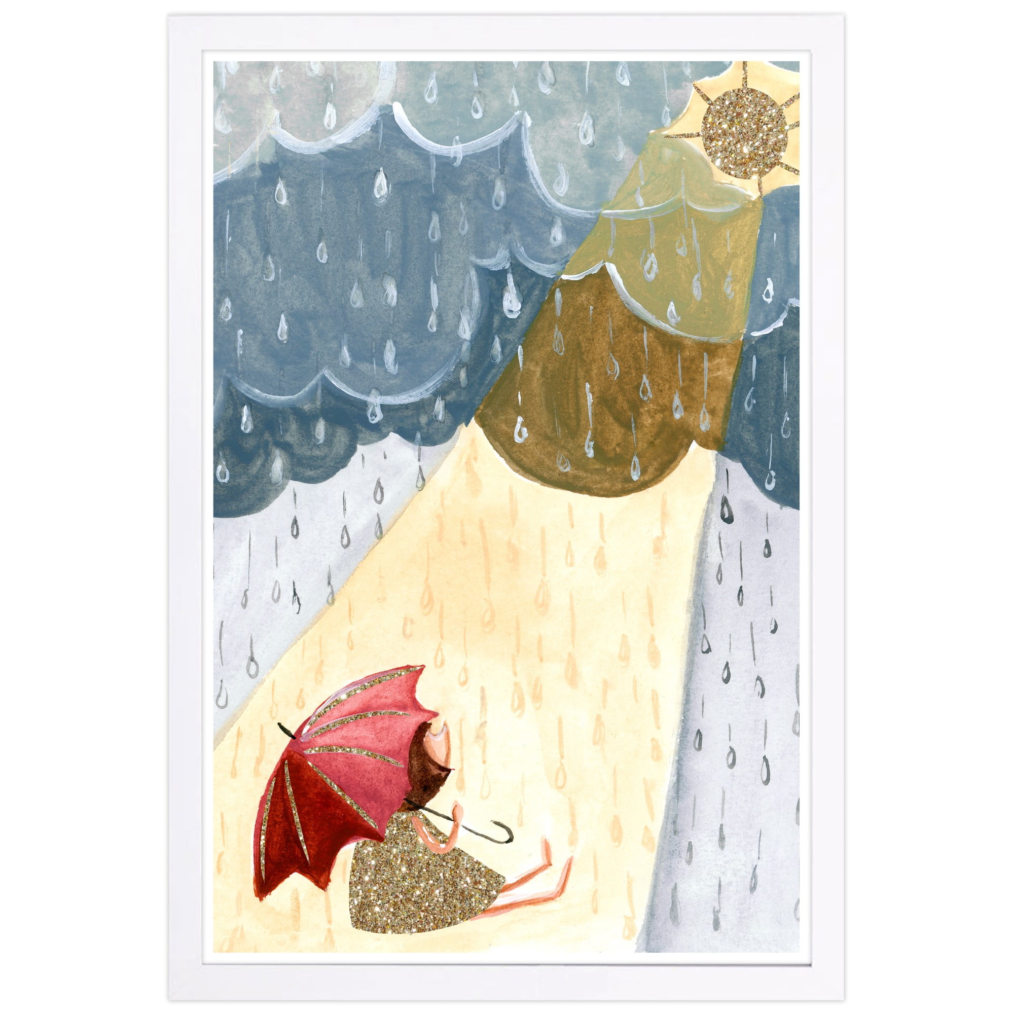 Wynwood Studio 'Rain and Sun Girl' Nature and Landscape Framed Wall Art Print - Blue, Yellow