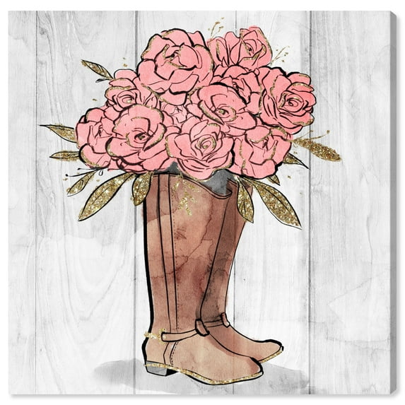 Wynwood Studio 'Rider Boots Flowers' Floral and Botanical Wall Art Canvas Print - Pink, Brown, 12" x 12"
