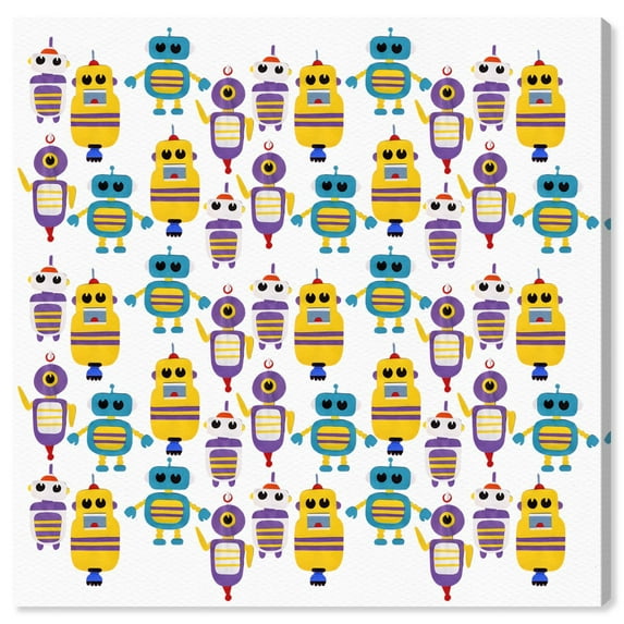 Wynwood Studio 'Robots Everywhere!' Fantasy and Sci-Fi Wall Art Canvas Print - Yellow, Purple, 12" x 12"