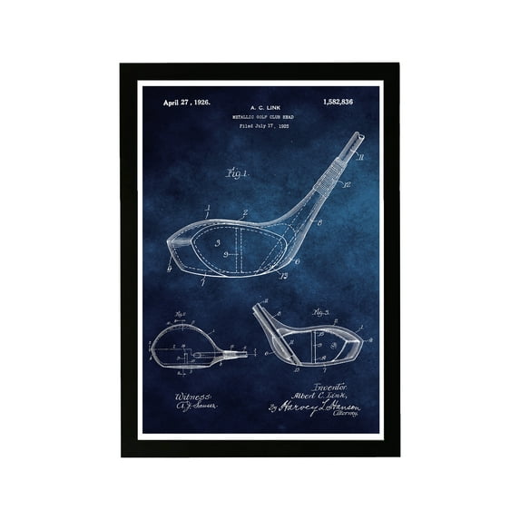 Wynwood Studio Sports and Teams Framed Wall Art Prints 'Metallic Golf Club Head 1926 Blue Chalkboard' Golf - Blue, White, 13" x 19"