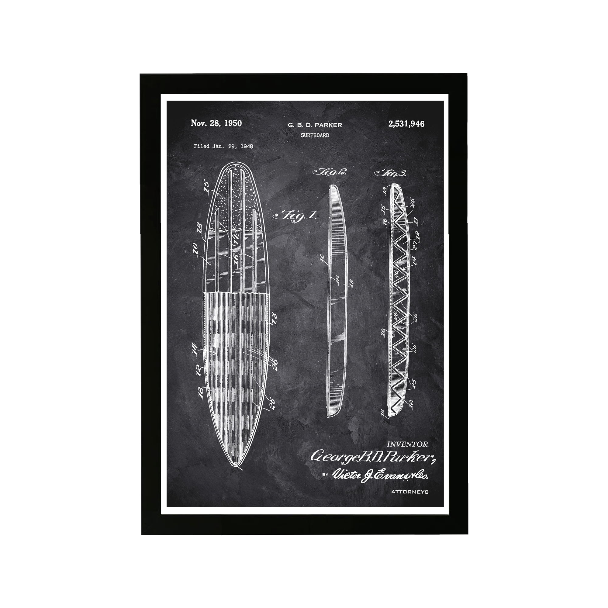 Wynwood Studio Sports and Teams Framed Wall Art Prints 'Surfboard 1948 Chalkboard' Surfing Home Décor - Black, White, 13" x 19"