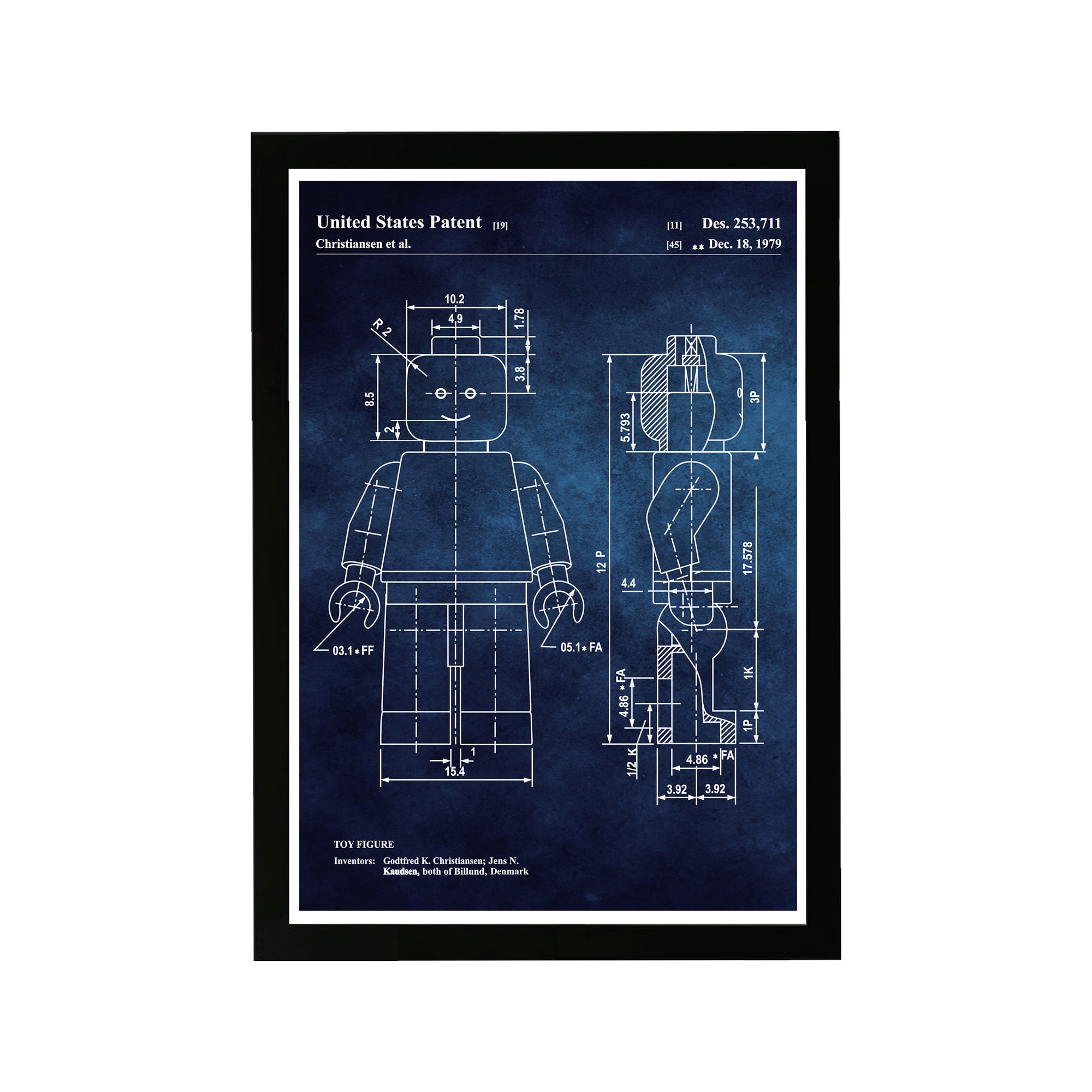 Blue and White Framed Lego Patent Print, 13" x 19"