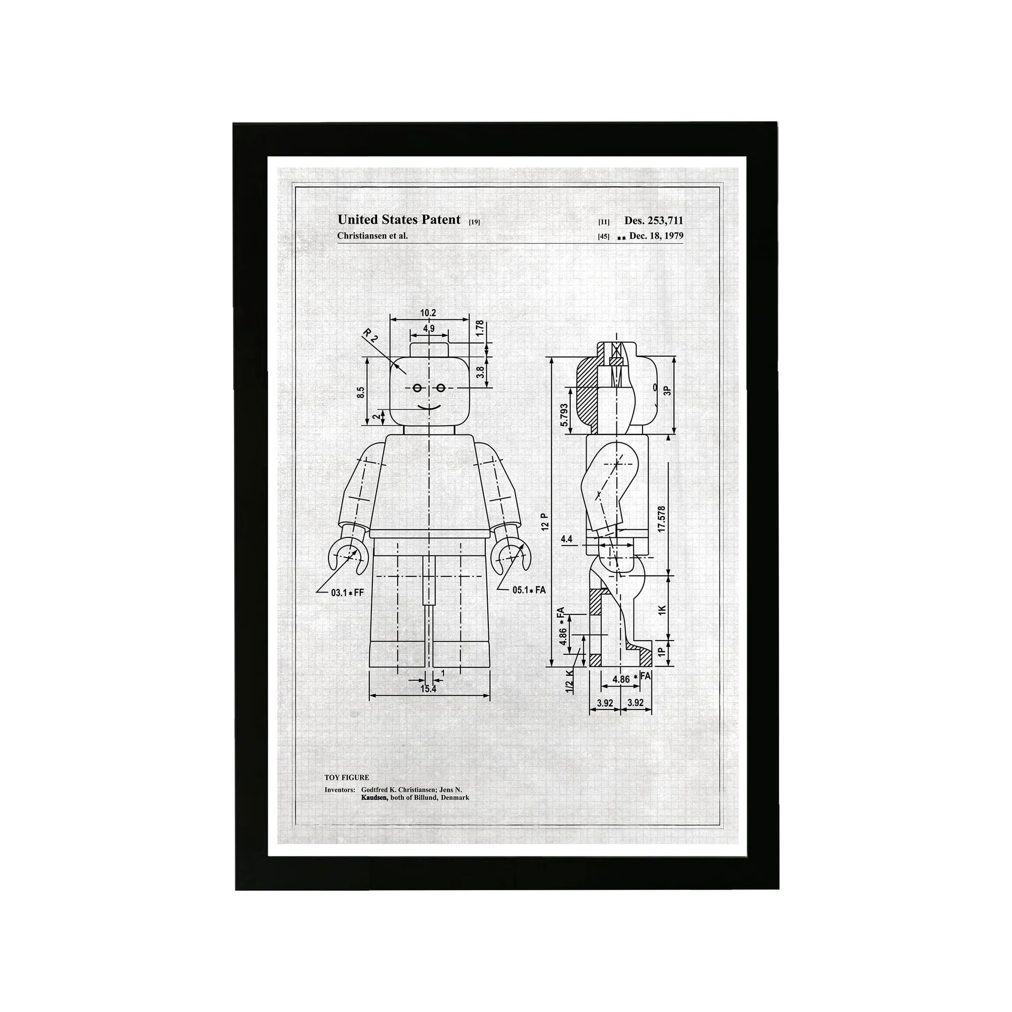 Wynwood Studio Symbols and Objects Framed Wall Art Prints 'Lego Toy Figure, 1979 - Gray' Toys Home Décor - Black, White, 13" x 19"