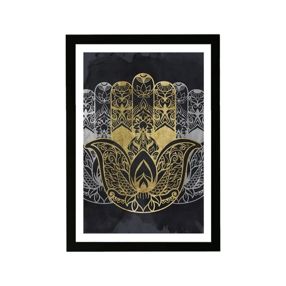 Wynwood Studio Symbols and Objects Framed Wall Art Prints 'Tranquility in Hand' Mystic Symbols Home Décor - Gold, Black, 13" x 19"