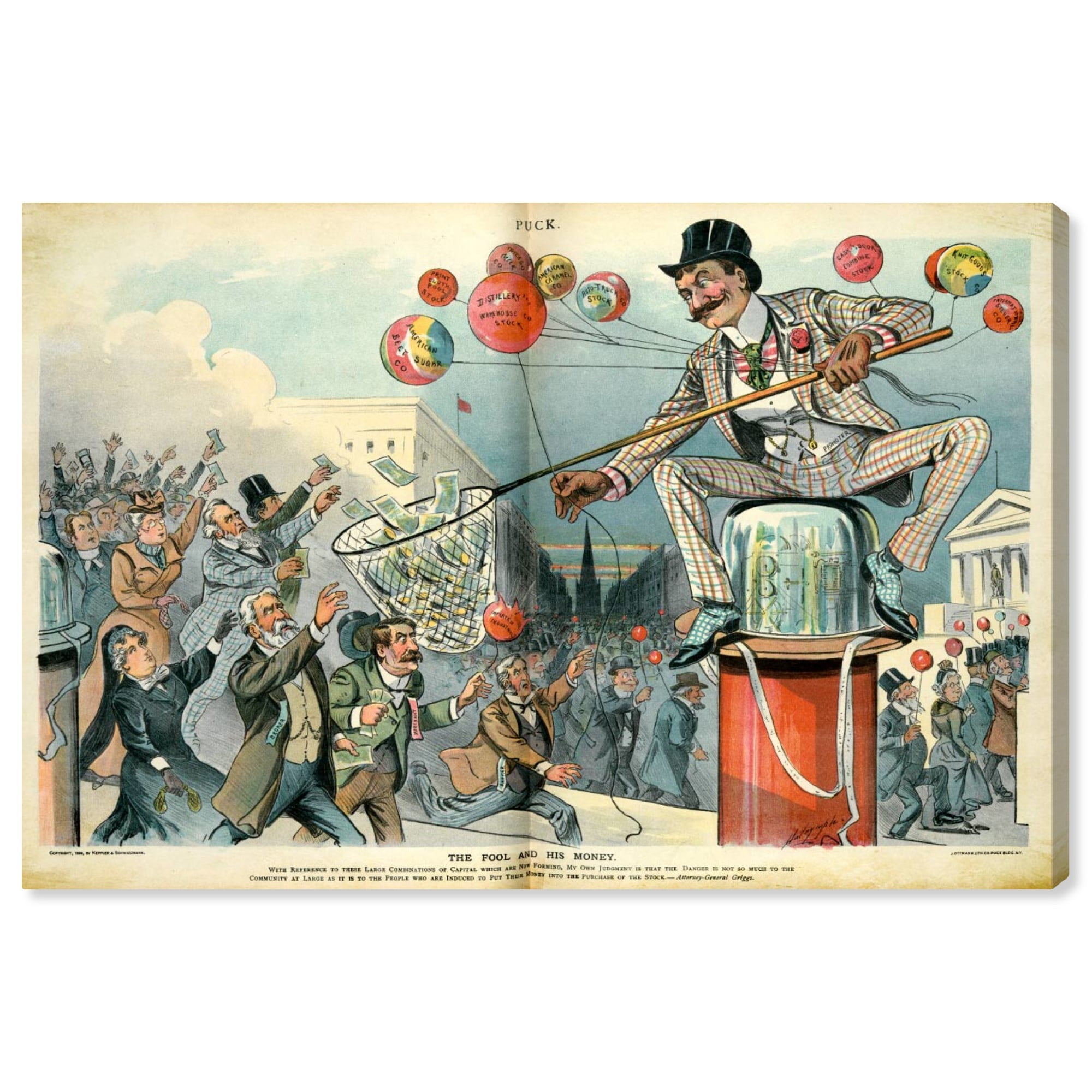 Wynwood Studio 'The Fool and His Money' Advertising Wall Art Canvas Print - White, Blue, 24" x 16"