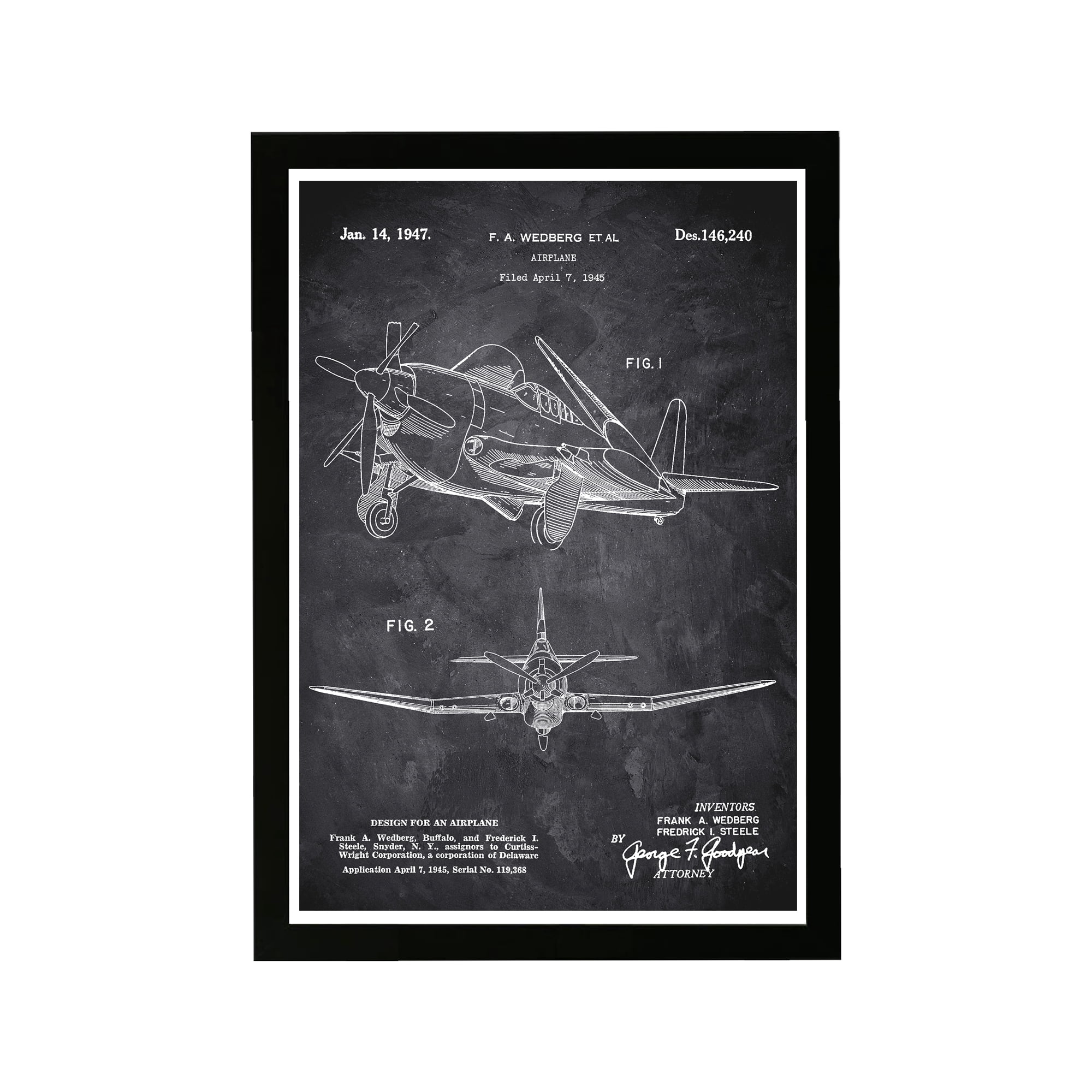 Wynwood Studio Transportation Framed Wall Art Prints 'Airplane 1947 Chalkboard' Air Transportation Home Décor - Black, White, 13" x 19"