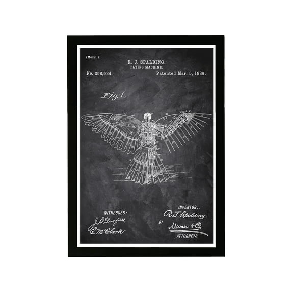 Wynwood Studio Transportation Framed Wall Art Prints 'Flying-Machine 1889 Chalkboard' Air Transportation - Black, White, 13" x 19"