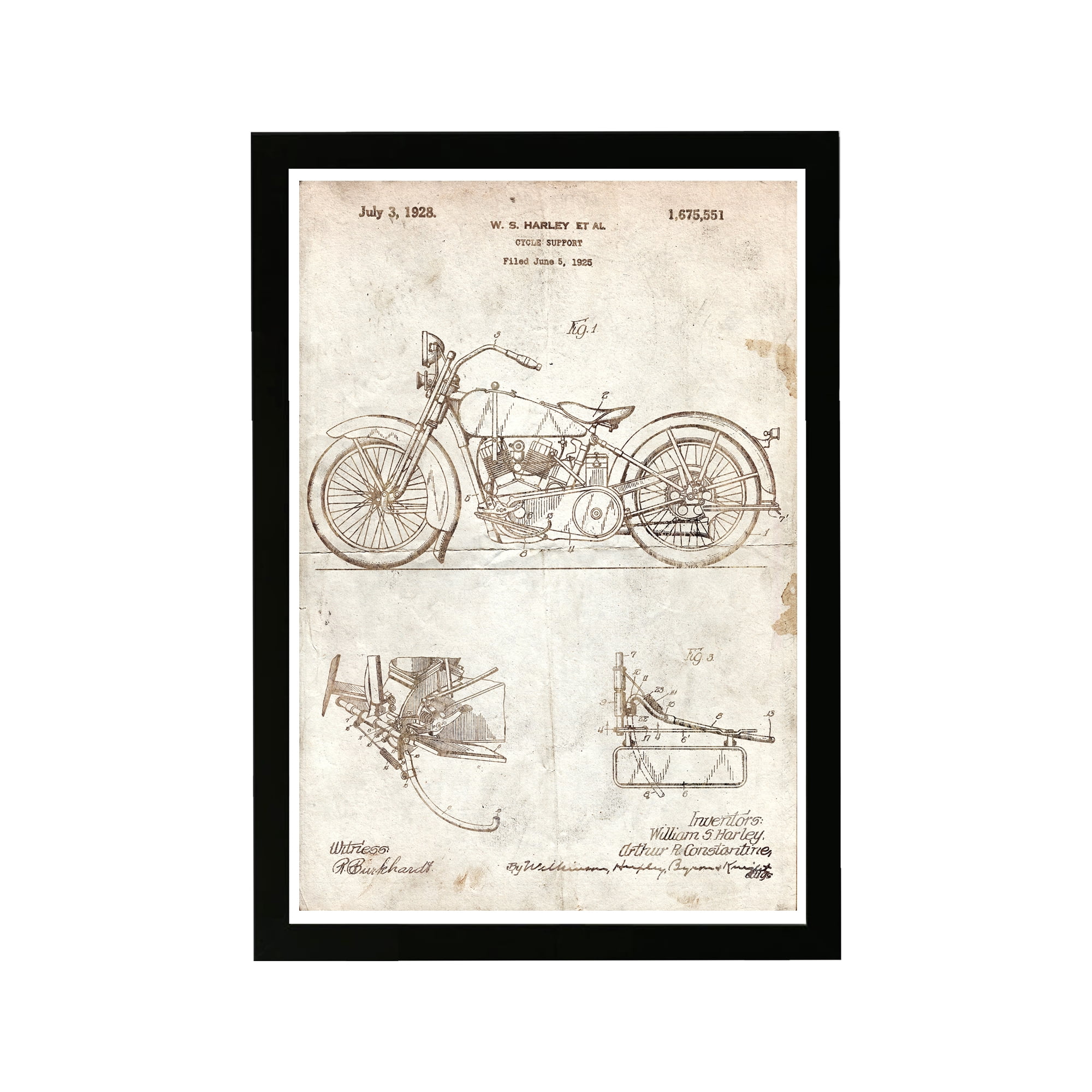 Harley 1928 Parchment Motorcycle Print on Canvas with Black Frame