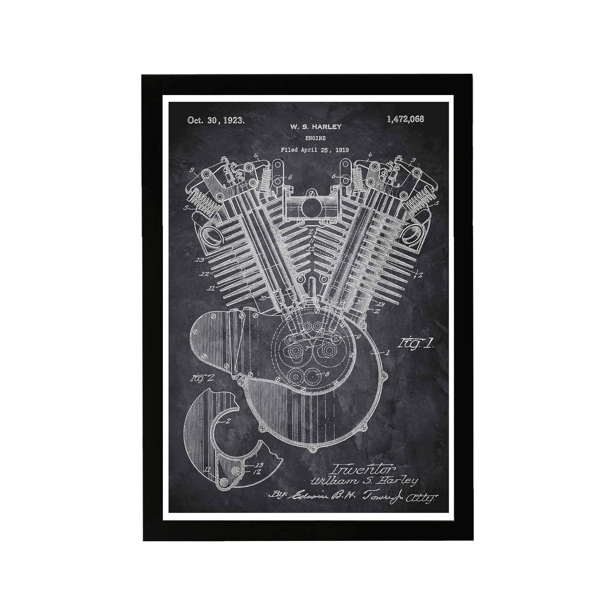 Harley Engine 1923 Chalkboard Black and White Framed Print
