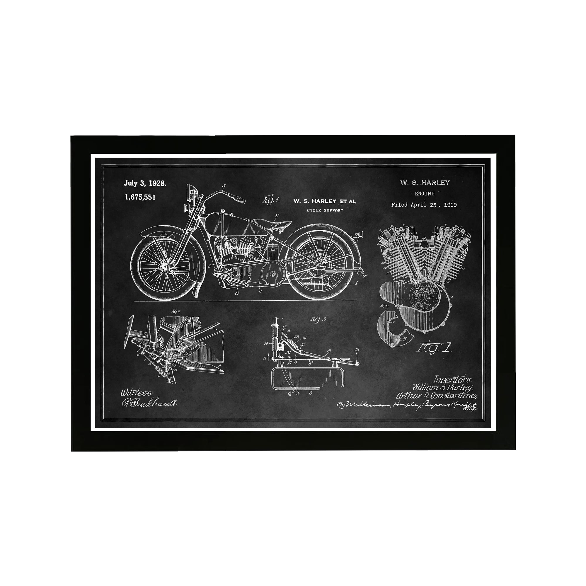 Harley Engine 1923 Black and Gray Framed Wall Art Print, 19" x 13"