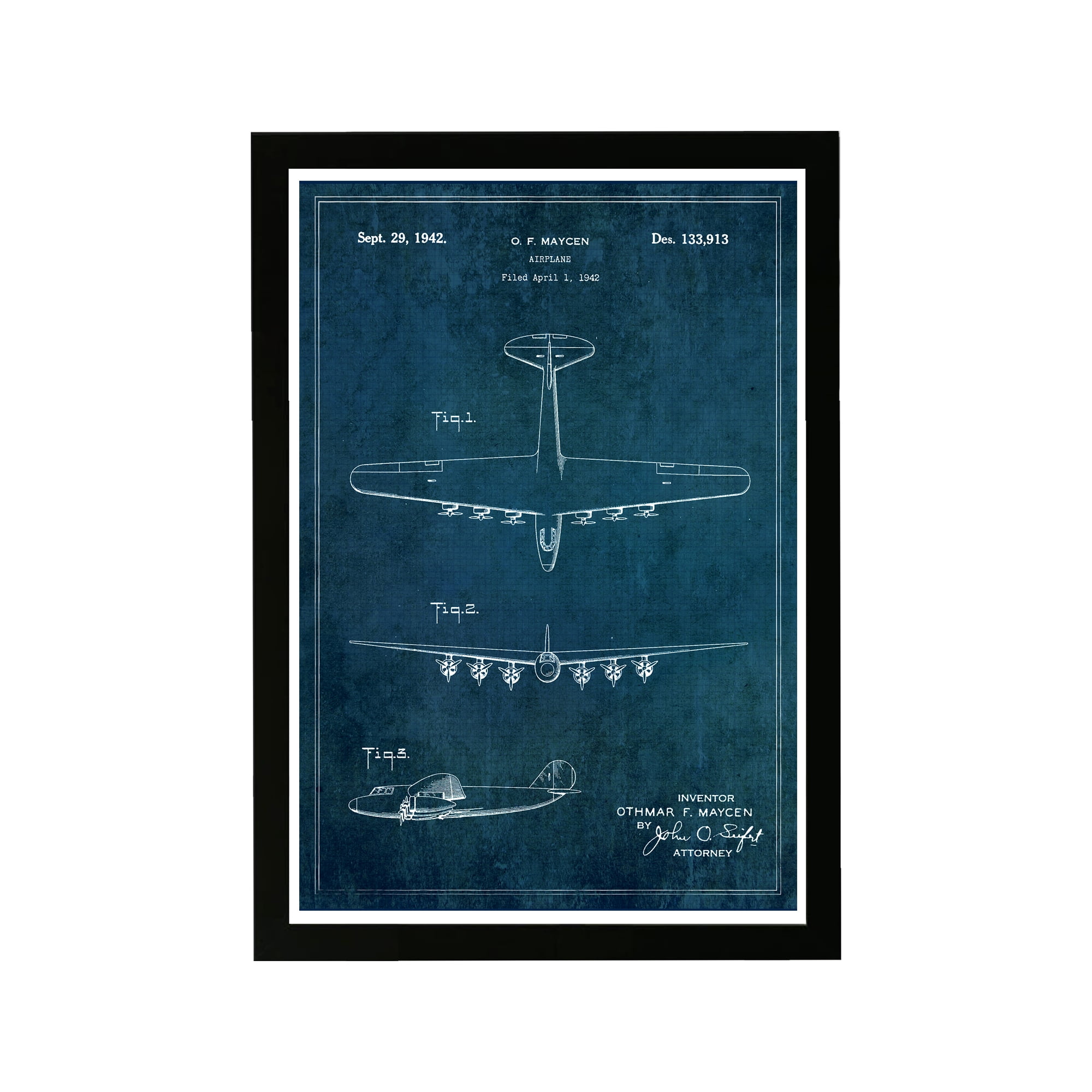 Blue and White Airplane Patent Framed Print 13" x 19"