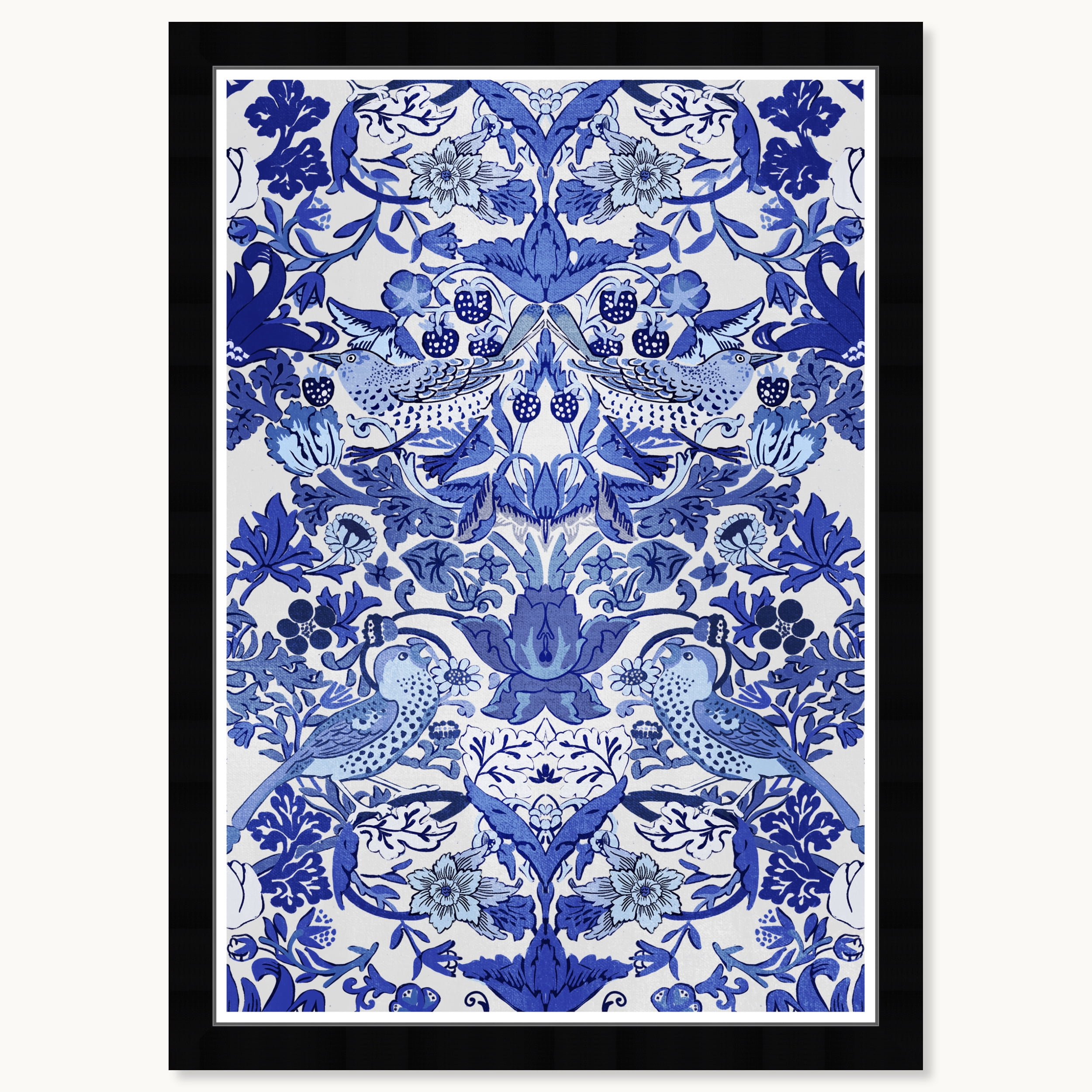 Blue and White Tropical Chinoiserie Art Print with Black Frame