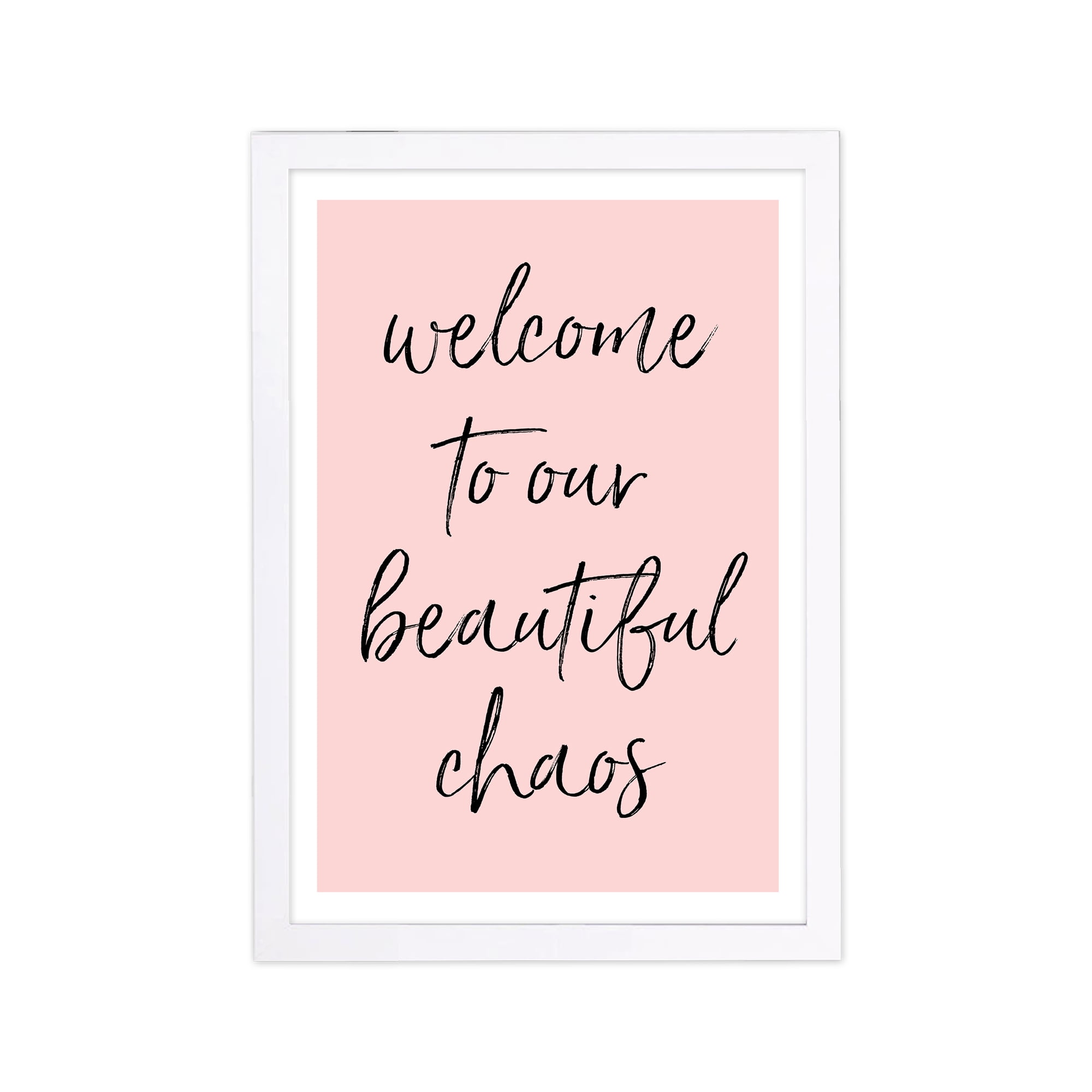 Wynwood Studio Typography and Quotes Framed Wall Art Prints 'Beautiful Chaos' Family Quotes and Sayings Home Décor - Pink, Black, 13" x 19"