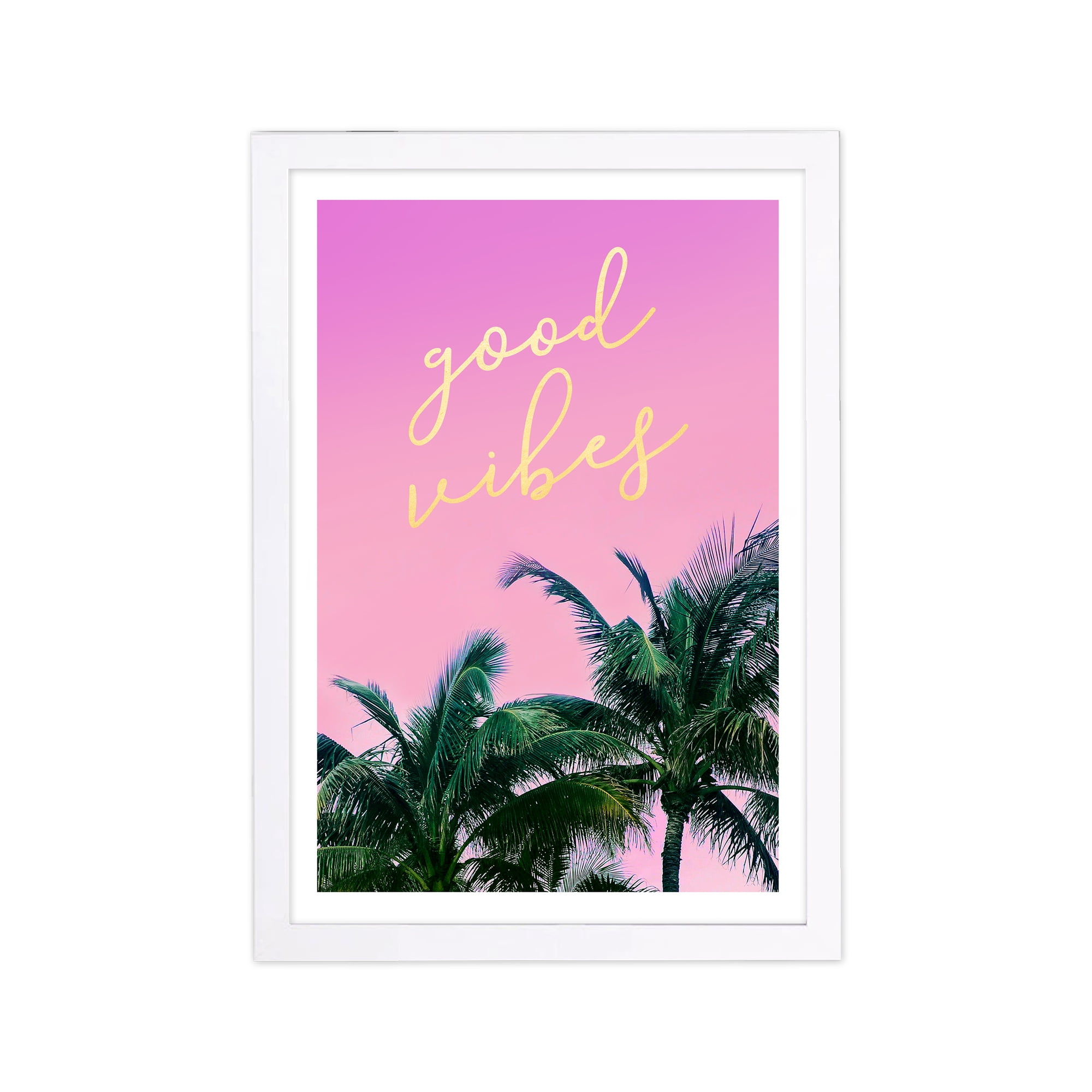 Wynwood Studio Typography and Quotes Framed Wall Art Prints 'Good Vibes and Palm Trees' Inspirational quotes - Pink, Green, 13" x 19"