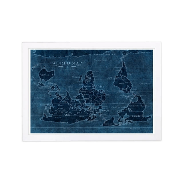 Wynwood Studio 'Upside-Down Map of the World' Maps and Flags Framed Wall Art Print - Blue