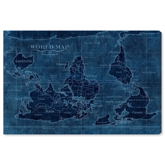 Wynwood Studio 'Upside-Down Map of the World' Maps and Flags Wall Art Canvas Print - Blue, Blue, 30" x 20"