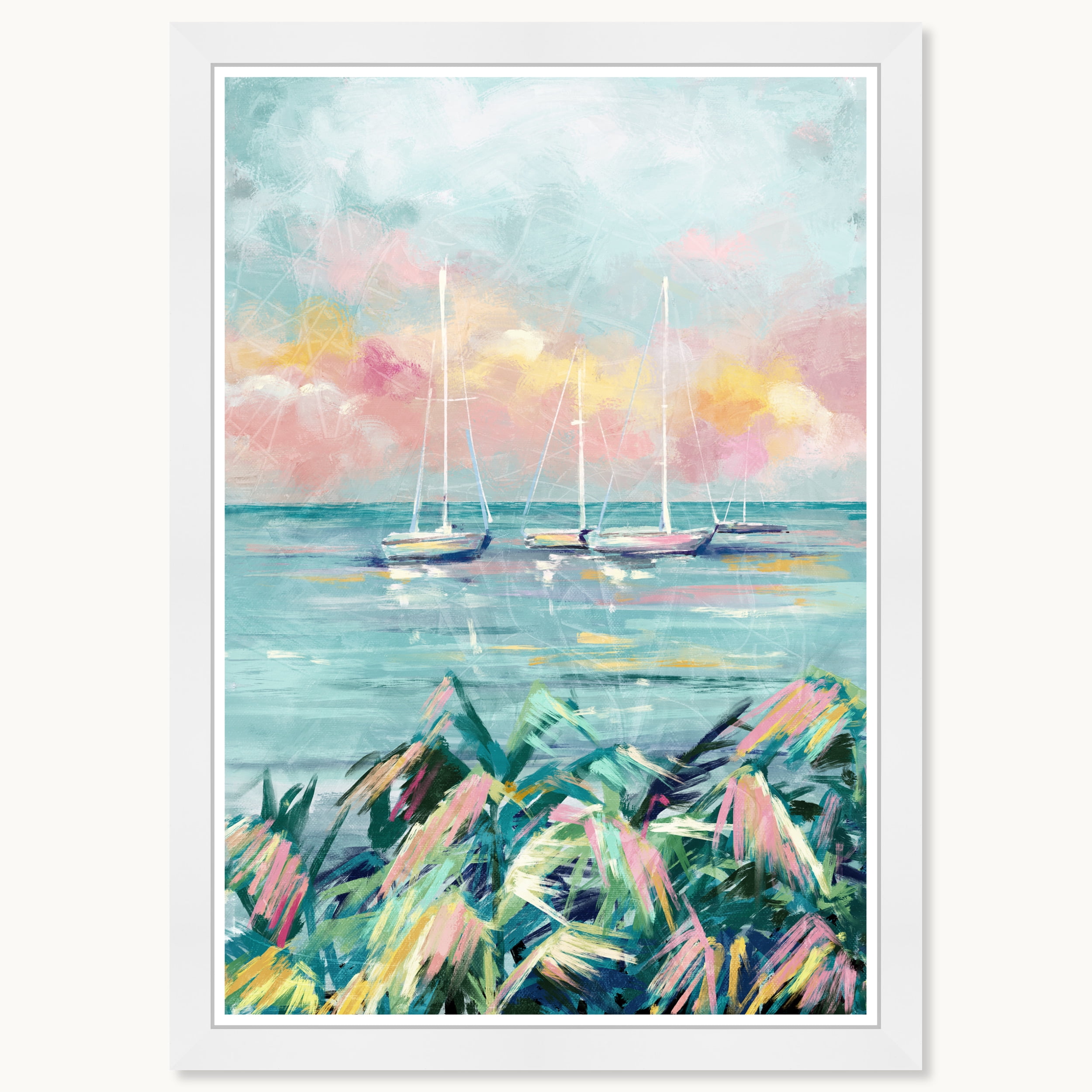 White Framed Coastal Print with Colorful Sailboats, 15" x 21"