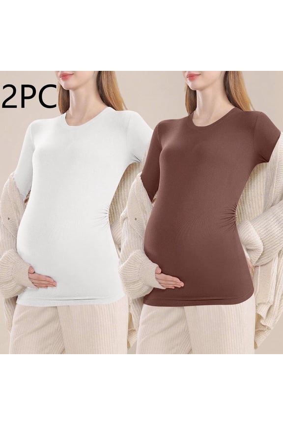 2 Pack Womens Maternity Shirts Crew Neck Maternity Tops Long Sleeve Casual Cotton Side Ruched Tee Shirt V-Neck Comfotrable Pregnancy Clothes for Mama Brown