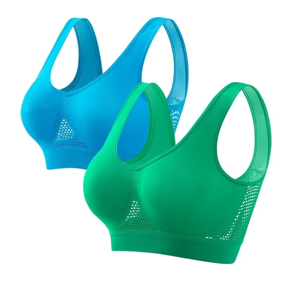 Wyobmus 2 Pack Womens U Back Sports Bra Scoop Neck Removable Pad Yoga Clothes Thin Mesh Workout Crop Top Blue/Green