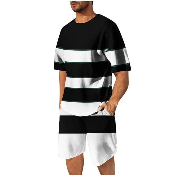 Wyobmus 2 Piece Outfits for Men Short Sleeve Round Neck Summer Striped Tshirt And Drawstring Casual Shorts Summer Tracksuit B-Black
