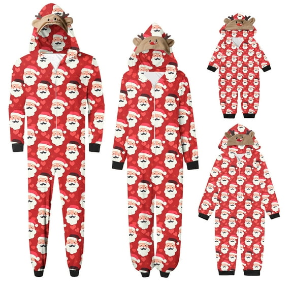Wyobmus 2024 Christmas Matching Family Pajamas Set Elk Antler Hooded Romper Zipper Jumpsuit Loungewear for Baby