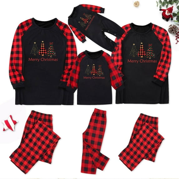 Wyobmus 2024 Family Christmas Pajamas Matching Sets Holiday Christmas Pjs With Letter and Plaid Printed Long Sleeve Tee and Bottom Loungewear for Dad