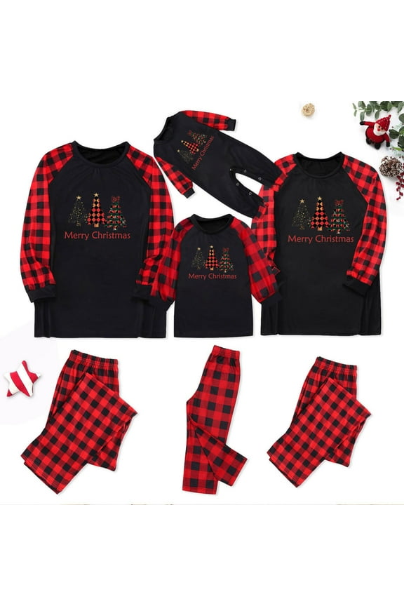 2024 Family Christmas Pajamas Matching Sets Holiday Christmas Pjs With Letter and Plaid Printed Long Sleeve Tee and Bottom Loungewear for Mom