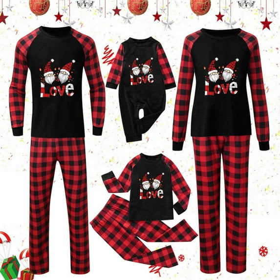 Wyobmus 2024 Family Christmas Pajamas Matching Sets With Long Sleeve Print Top and Plaid Pants Home Wear Outfits for Kids