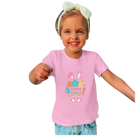 Wyobmus 2024 Happy Easter Day Cute Colorful Bunny Hunting T-Shirt for Kids Round Neck Short Sleeve Shirts for Boys Girls Pink-3 Years
