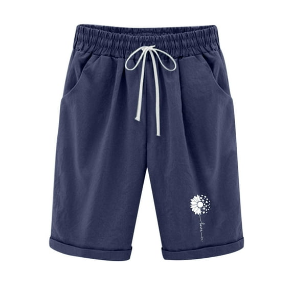 Wyobmus 2024 Shorts for Women Solid Color Cotton Linen Trendy Printed Elastic Waist Pants Drawstring Shorts Navy XL