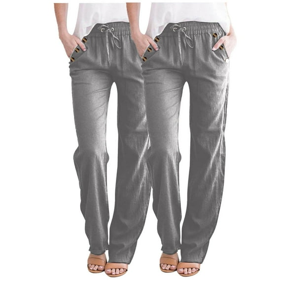 Wyobmus 2PC Cotton Linen Pants for Women Casual Solid Color Drawstring Loose Pants Straight Wide Leg Trousers With Pocket A-Gray