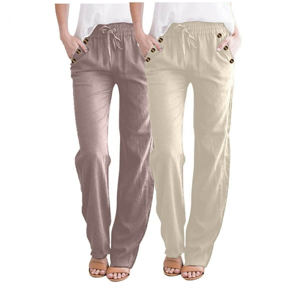 Wyobmus 2PC Cotton Linen Pants for Women Casual Solid Color Drawstring Loose Pants Straight Wide Leg Trousers With Pocket C-Khaki