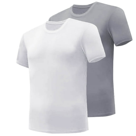 Wyobmus 2PC Crewneck T-Shirt for Men Solid Color Sports Cotton Base T-Shirt Short Sleeve Round Neck Blouses White/Gray