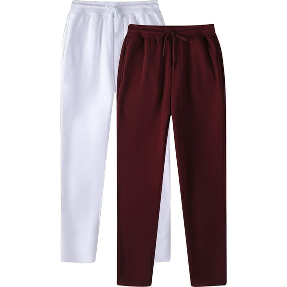 Wyobmus 2PC Open Bottom Sweatpants for Men and Women Loose Solid Color Elastic Waist Drawstring Workout Running Pants White/Burgundy
