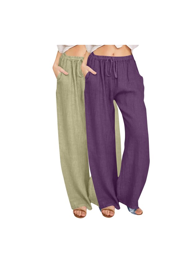 2PC Women Linen Baggy Harem Pants Summer Drawstring Casual Lounge Pant Beach Travel Vacation Clothes With Pockets C-Green
