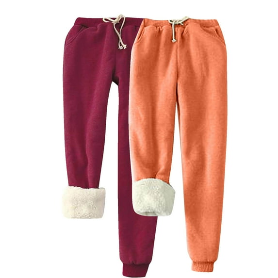 Wyobmus 2PC Women's Casual Fleece Sweatpants Sherpa Lined Solid Loungewear Pants Comfy Elastic Waist Tight-Foot Sport Joggers E-Orange