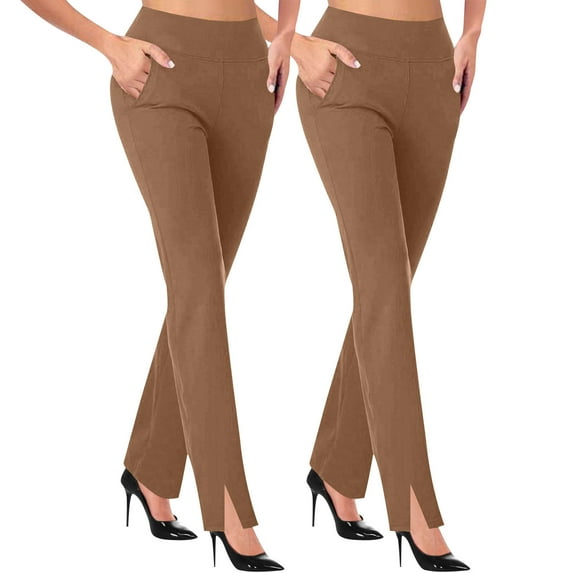 Wyobmus 2PC Womens Soft Stretch High Rise Pants Elastic Waist Yoga Pants Casual Side Slit Tapered Office Pant S-2X 2*Khaki