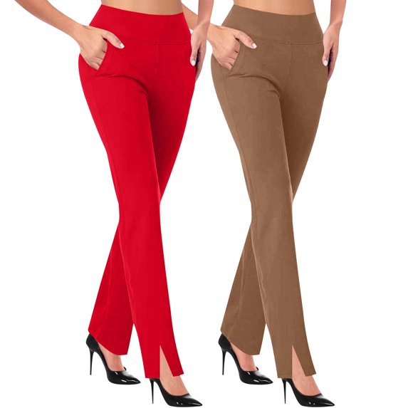 Wyobmus 2PC Womens Soft Stretch High Rise Pants Elastic Waist Yoga Pants Casual Side Slit Tapered Office Pant S-2X Red/Khaki