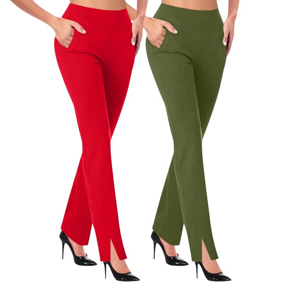 Wyobmus 2PC Womens Soft Stretch High Rise Pants Elastic Waist Yoga Pants Casual Side Slit Tapered Office Pant S-2X Red/Olive Green