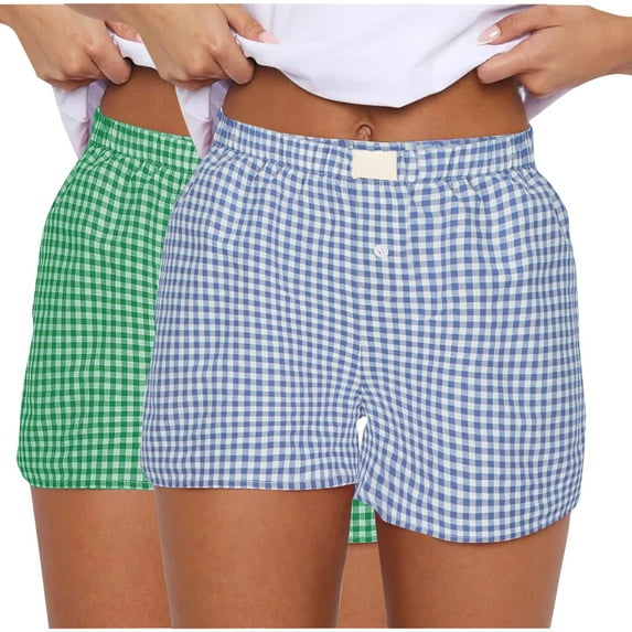 Wyobmus 2Pc Women Lounge Shorts Fashion Soft Elastic Low Waist Plaid Print Button Front Pajama Bottoms Boxer Shorts Light Blue