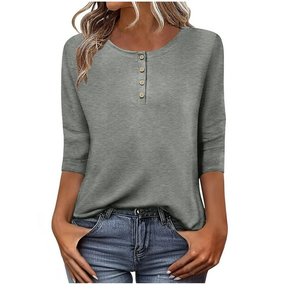 Wyobmus 3/4 Length Sleeve Shirts for Women Button Up Casual Summer Tops Crew Neck Tees Blouses Loose Solid Dressy Tunic Clothes S-2X Gray