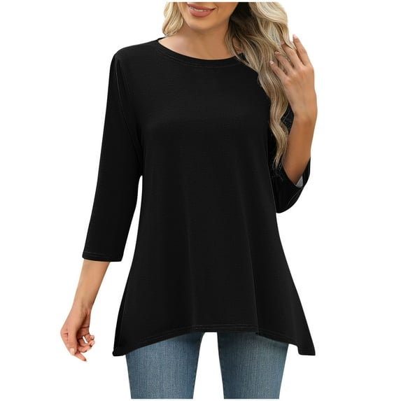 Wyobmus 3/4 Sleeve Casual Tops for Women Loose Fit Dressy Crewneck Blouse Lightweight Work Flowy Long Shirts S-2X Black