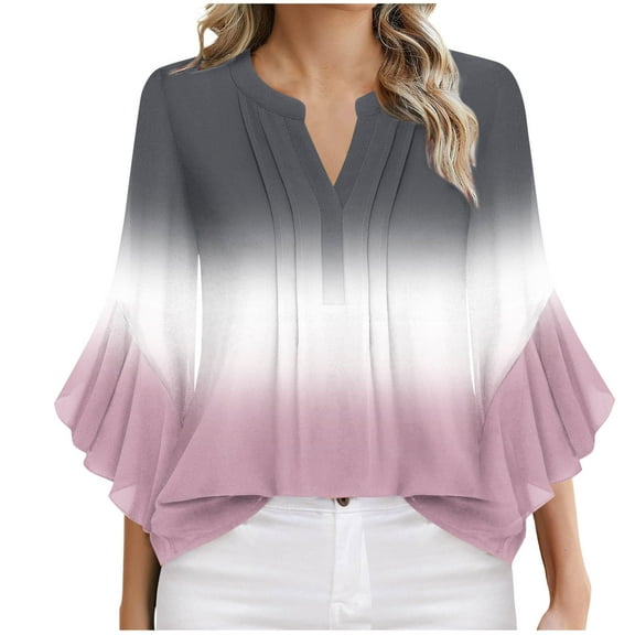 Wyobmus 3/4 Sleeve Tops for Women Casual Ruffled Cuffed Short Sleeve V Neck T Shirts Gradient Color Blouses Dressy Tunic Tops D-Pink