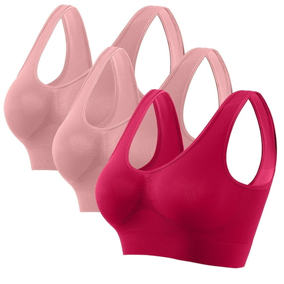 Wyobmus 3 Pack Sports Bras for Women Padded Seamless Support Wirefree Bra for Yoga Gym Workout Fitness 2*Pink/Red