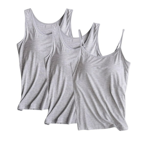Wyobmus 3 Pack Women's Tank Tops 2 Piece Sleeveless Chest Pad Top Basic Layering Tanks Undershirt With Spaghetti Strap Camisole B-Gray