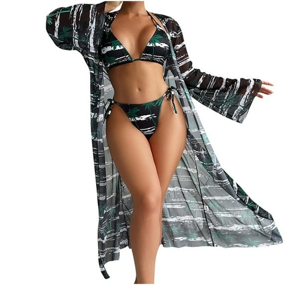 Wyobmus 3 Piece Swimsuit Sets for Women Hawaiian Outfits Swimwears Tropical Palms Printed Bikini Short Sets Summer Beach Cover Ups,Containing Chest Pad A-Black